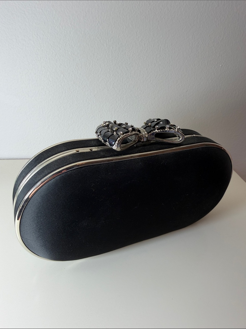 Black Jeweled Bow Satin Clutch